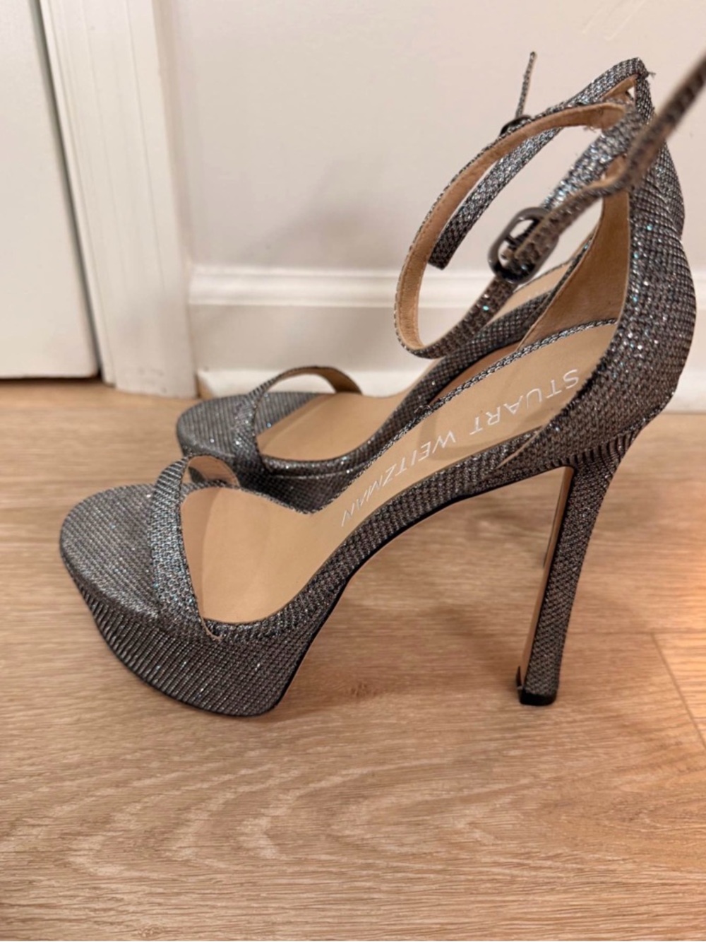 Stuart Weitzman Nudist curve Hollywood Silver Glitter Platform Ankle-Strap Heel - Picture 3 of 7